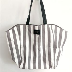 Victoria Secret Gray & White Striped Large Canvas Tote-Like New Condition